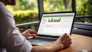 A person is working on a laptop displaying a spreadsheet with colorful charts. The background shows a blurred, green outdoor scenery through windows.